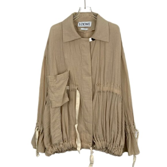 CW0123 Loewe Brown Pleated Ribbon Cotton Lapel Long Sleeve Sunscreen Cardigan Ja